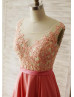 Coral Lace Chiffon Pearls Embellished Charming Prom Dress